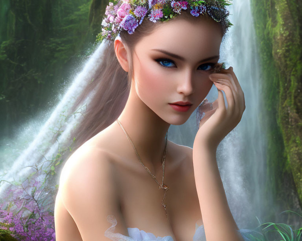 Woman with floral crown by waterfall in digital art