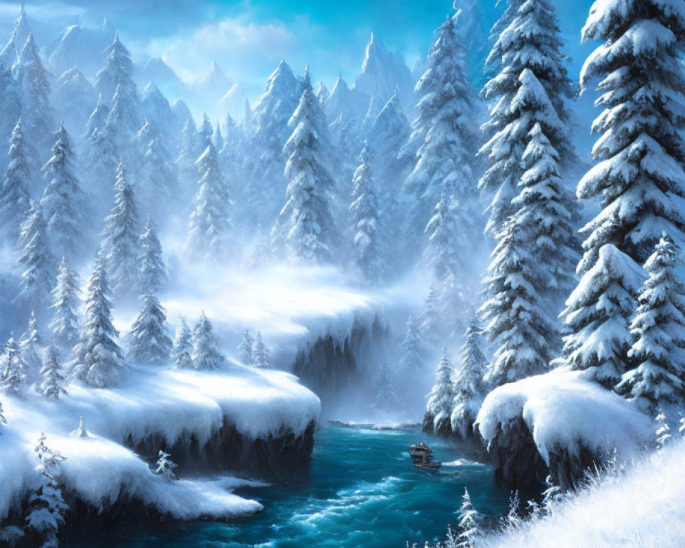 Snow-covered trees and flowing river in serene winter landscape