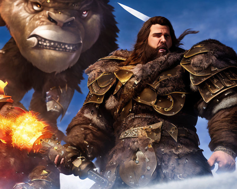 Warrior in fur and armor wields fiery sword with ape-like creature against blue sky