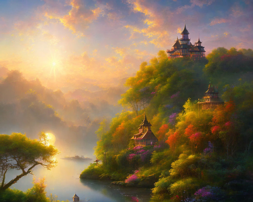 Mystical sunrise over serene river with castle, lush foliage