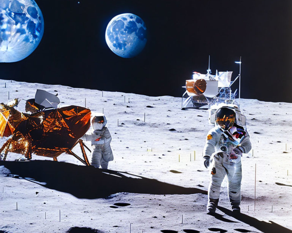 Astronauts on Moon's Surface with Lunar Module and Earth Visible