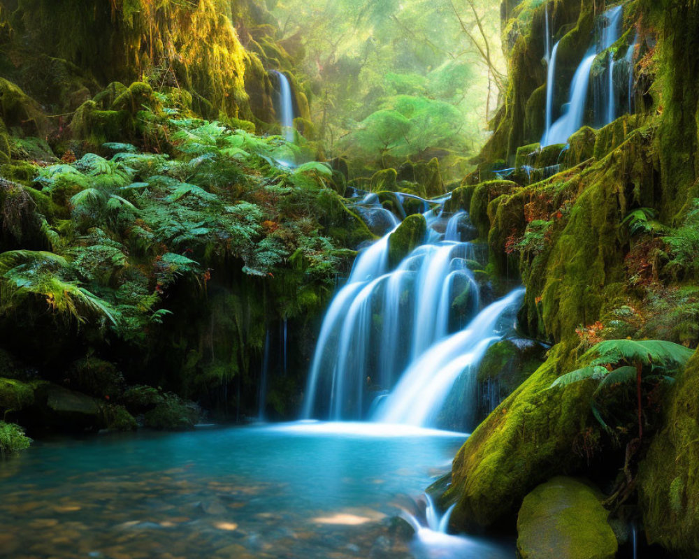 Tranquil waterfall in lush green setting with sunbeams and moss-covered rocks