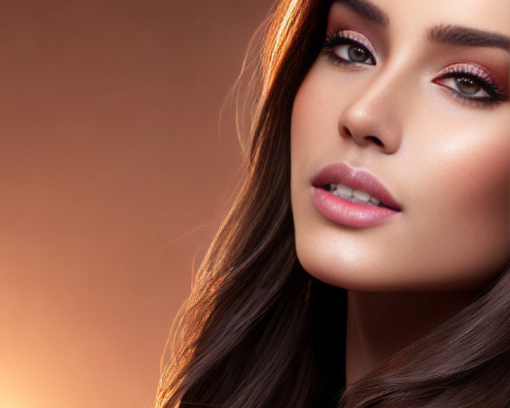 Detailed close-up portrait of woman with dark hair and smokey eyes on warm background