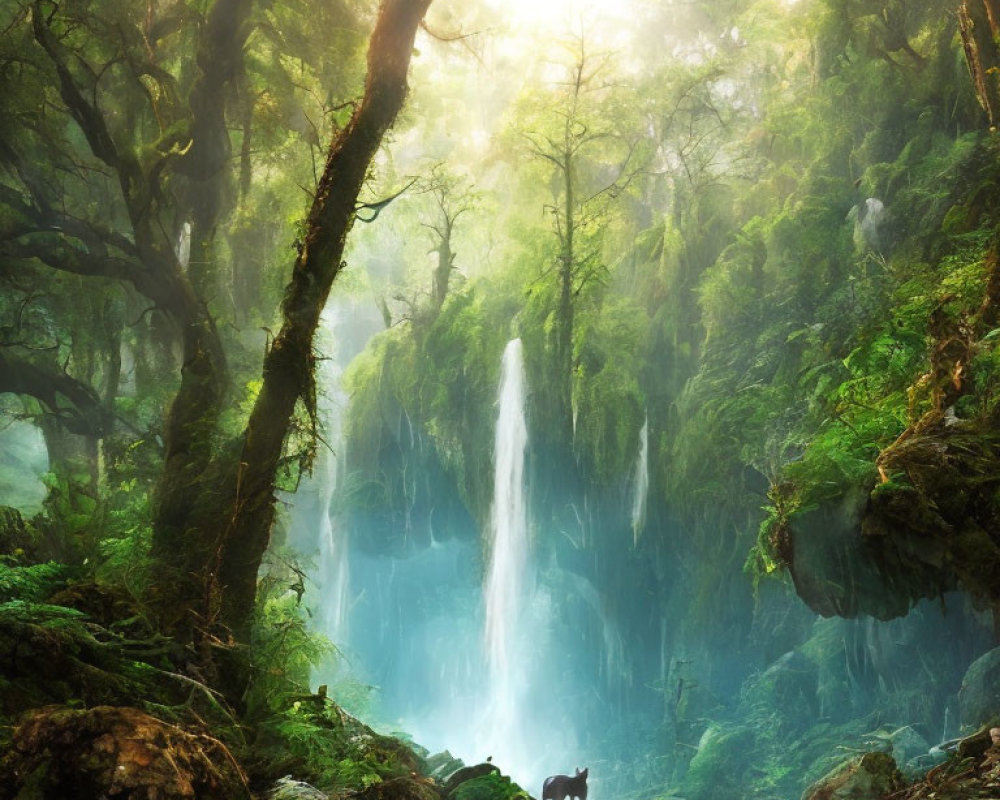 Tranquil forest landscape with waterfall, sunbeams, and deer