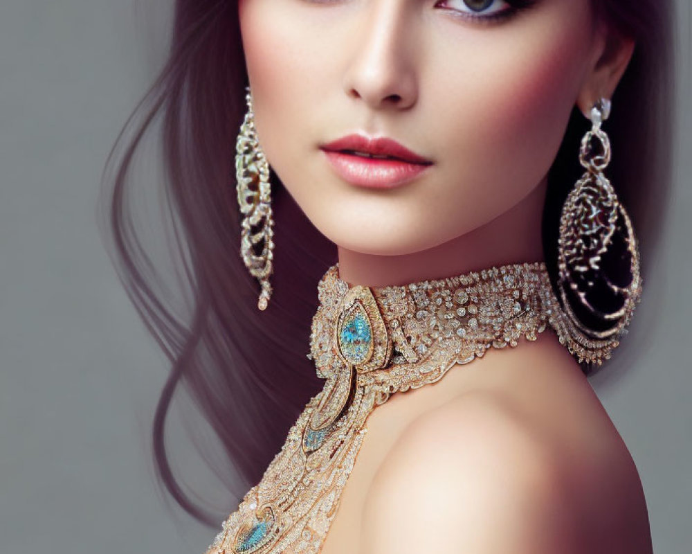 Woman with Striking Makeup and Ornate Outfit Gazing Back