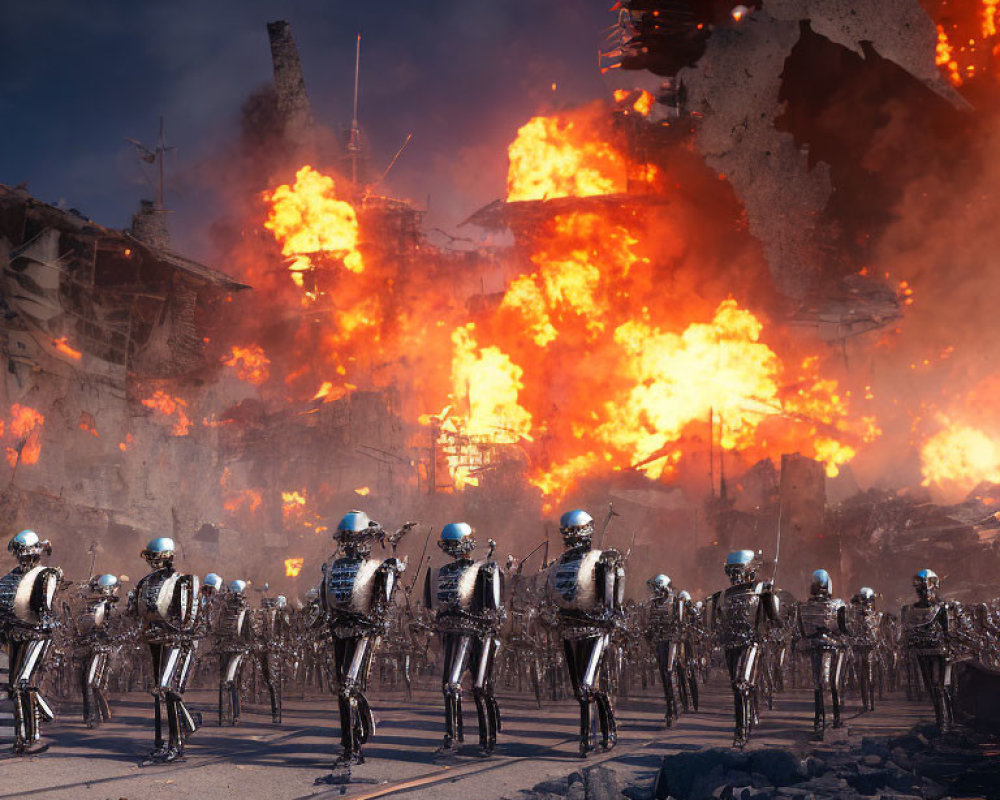 Humanoid robots march through dystopian landscape amid fire and ruins