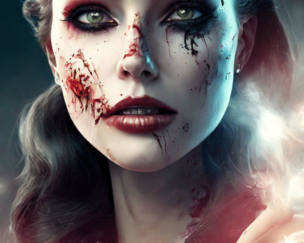 Woman with Dramatic Makeup and Simulated Blood for Intense, Haunting Look