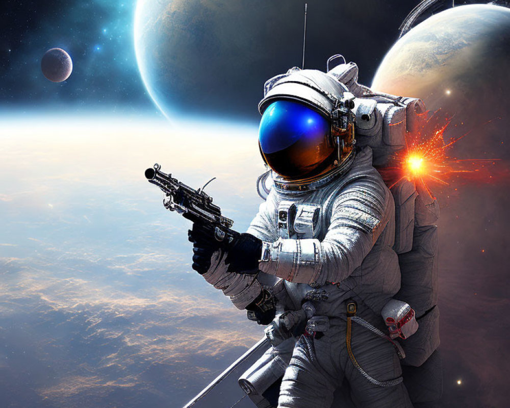 Astronaut with gun in space among planets and star