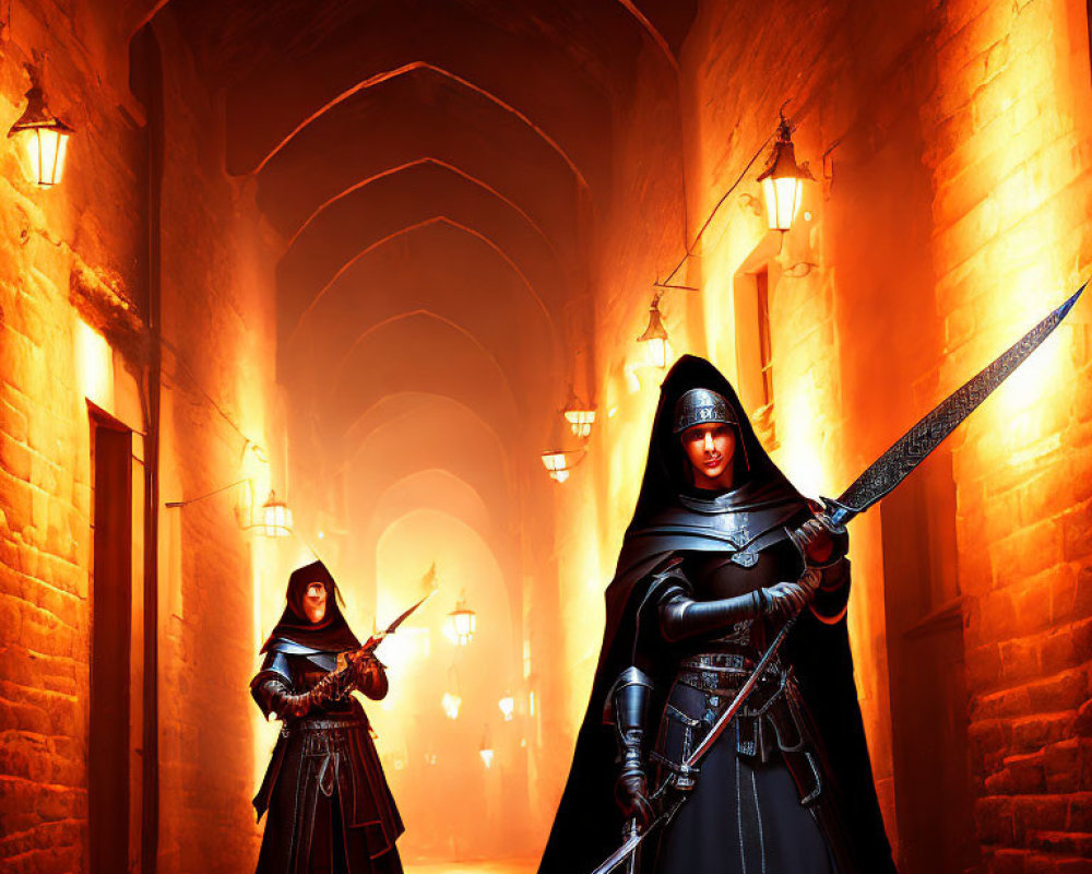 Cloaked figures with swords in dimly lit medieval alleyway