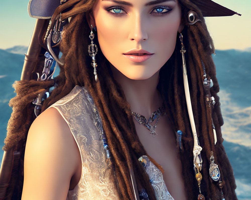 Detailed digital artwork of a woman styled as a pirate with striking blue eyes, dreadlocks, tricorn