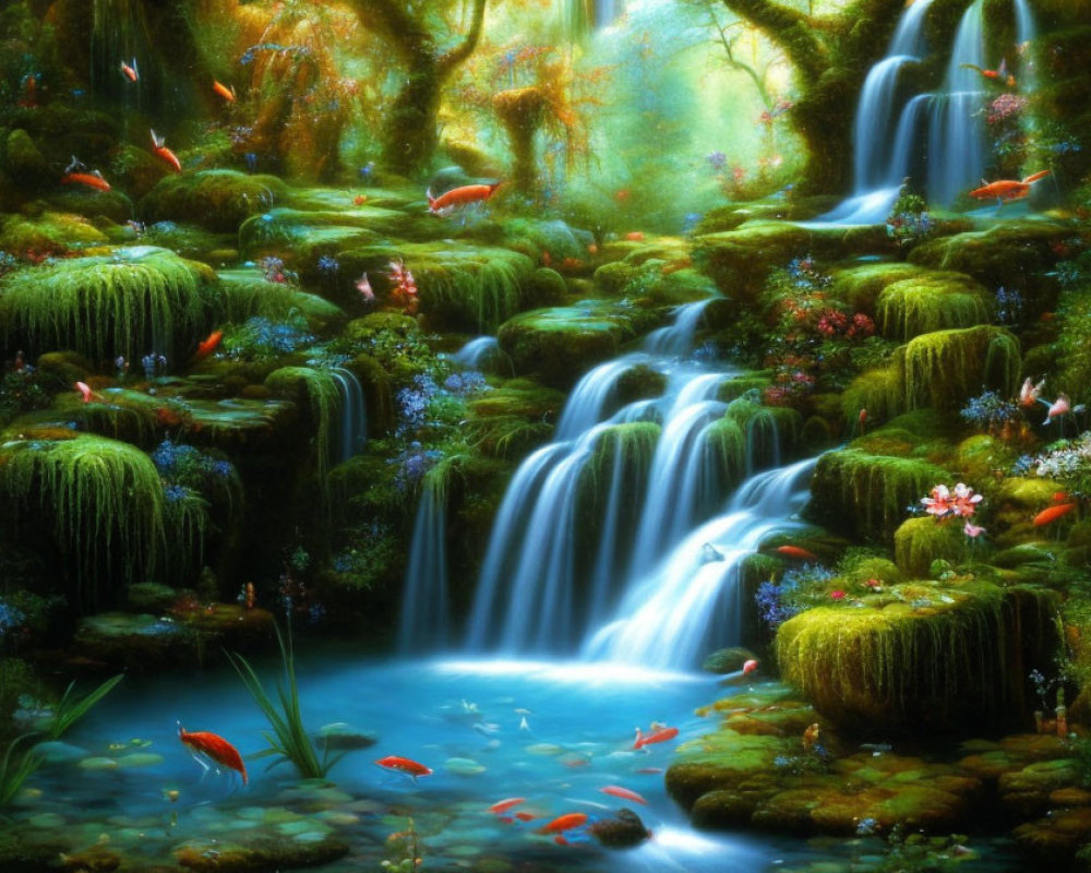 Mystical cascade surrounded by vibrant foliage, flowers, and butterflies