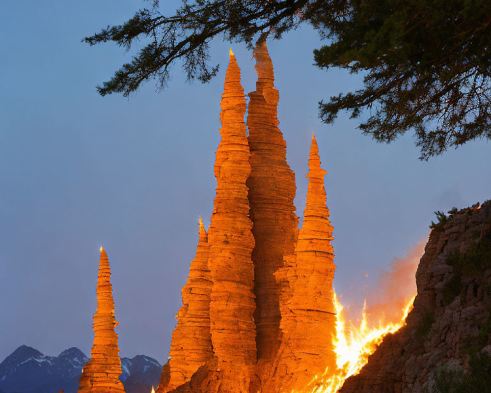 Spires Rock Formations Amid Wildfire, Mountains, and Tree Branch