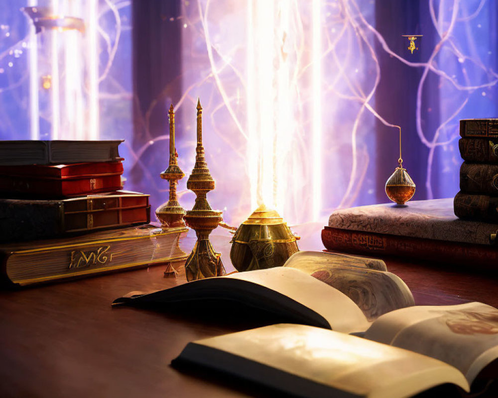 Enchanted study room with open books, ancient tomes, brass lamps, and magical energy