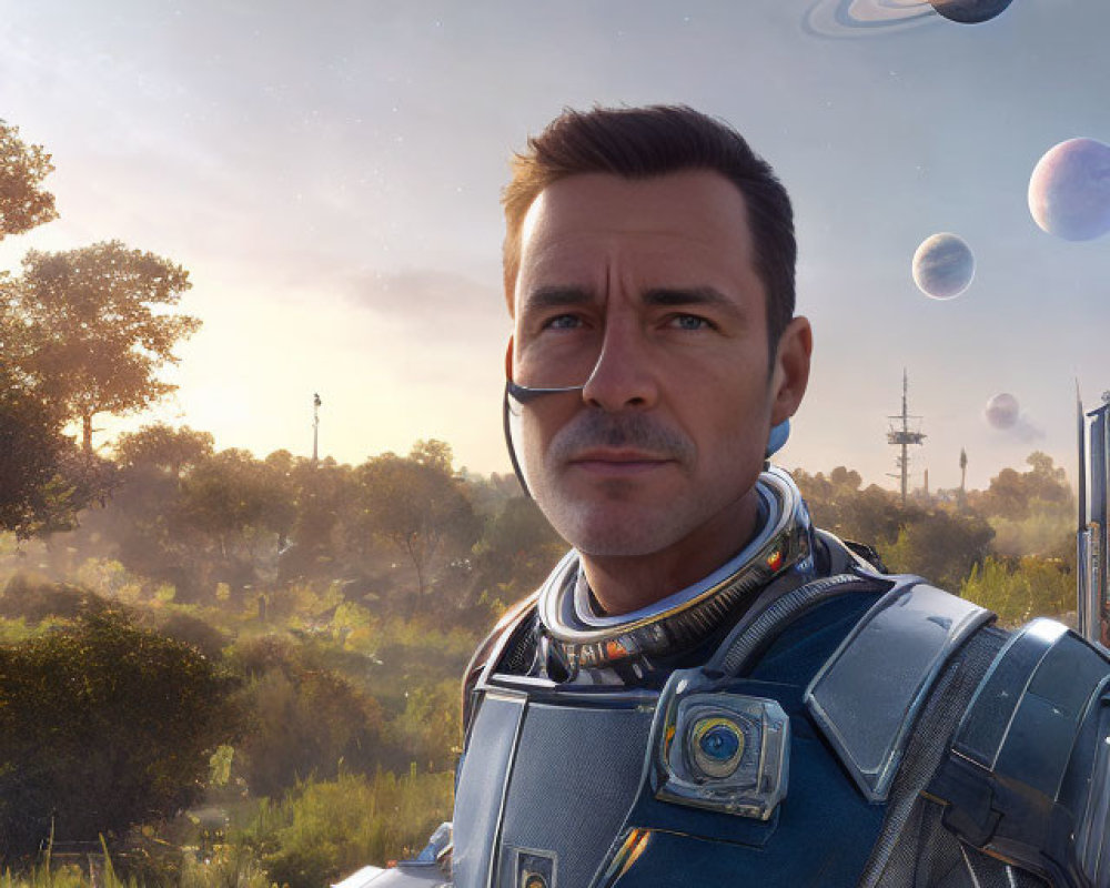 Futuristic armor man in serene field with planets and bubbles