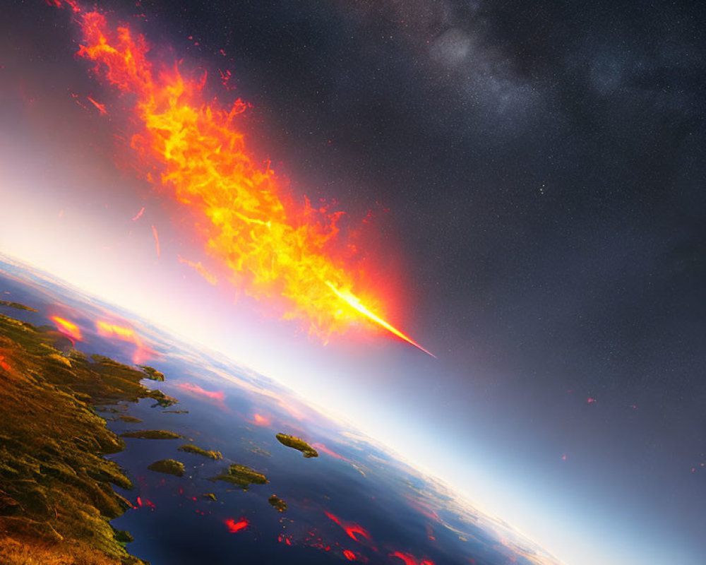 Surreal image of Earth's surface with fiery meteor in twilight sky