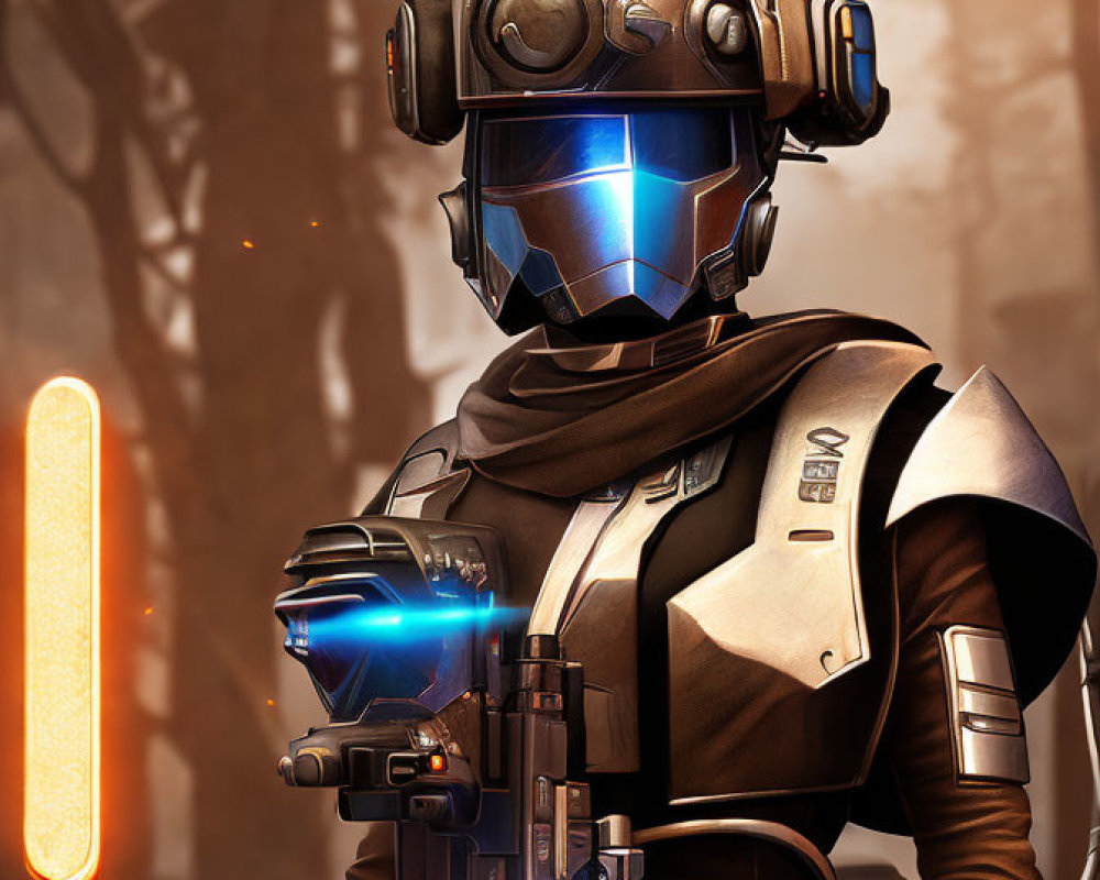 Futuristic soldier with glowing blue visor in misty forest