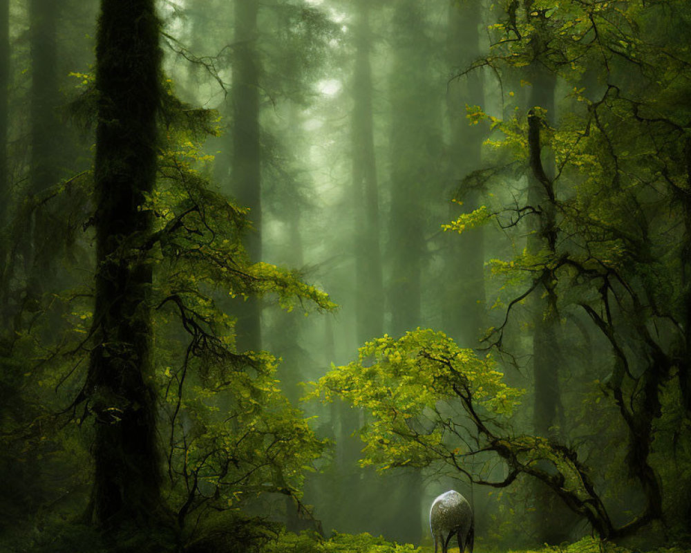 Tranquil forest path with lush greenery and sunlight filtering through mist.