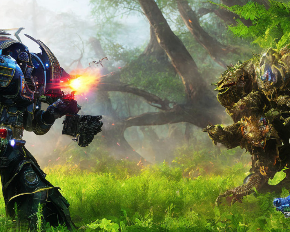 Detailed robotic warriors in combat in lush forest glade