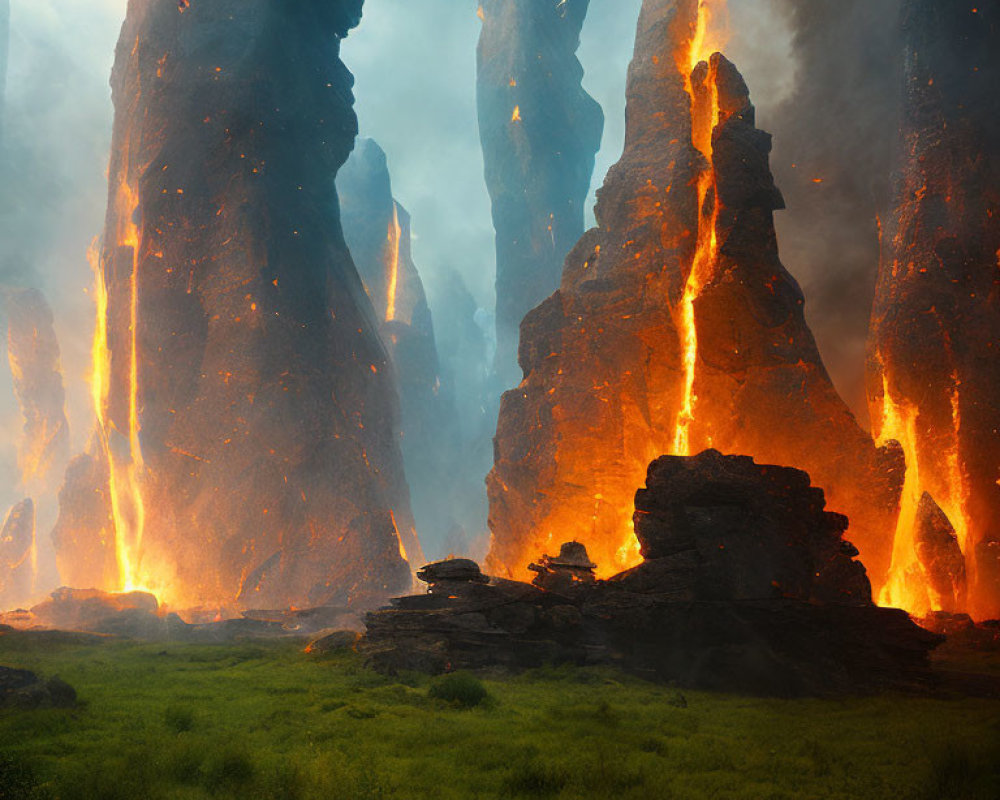 Volcanic rock formations with lava streams in misty landscape at dusk or dawn