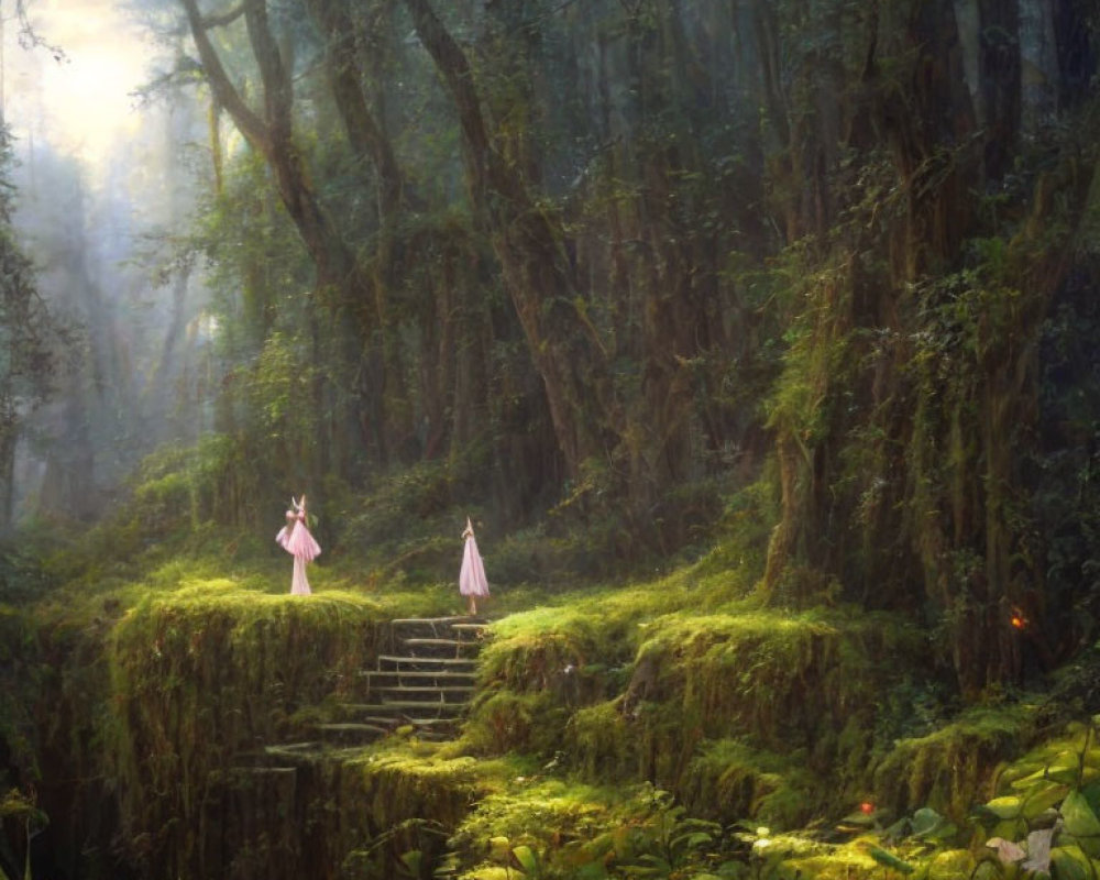 Mystical forest scene with two figures in robes