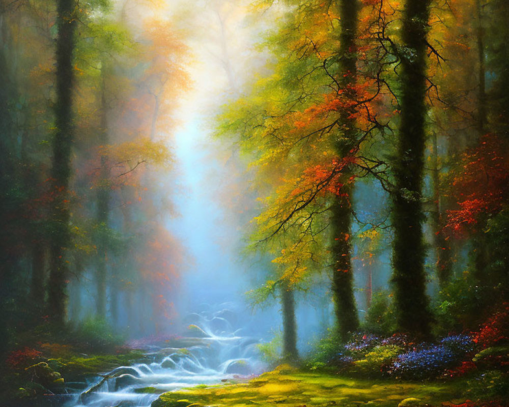 Colorful painting of mystical forest with stream and sunlight filtering through foliage