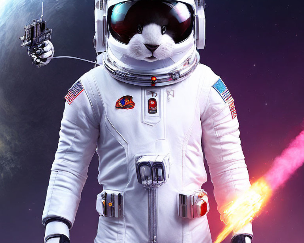 Cat in astronaut suit with jetpack in space, Earth and satellite in background