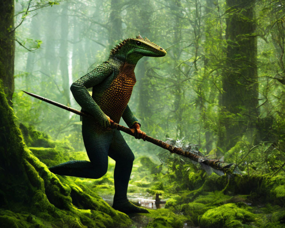 Anthropomorphic lizard warrior in misty, moss-covered forest with spear.