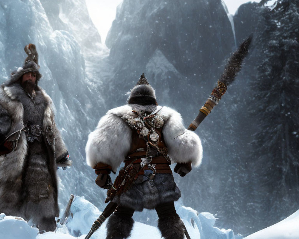 Armored warriors in fur cloaks navigating snowy mountain pass.