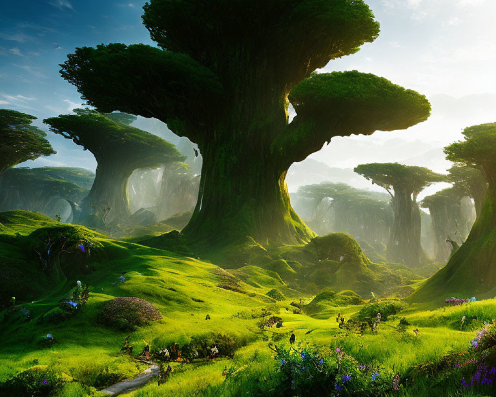 Fantastical giant trees in lush green landscape