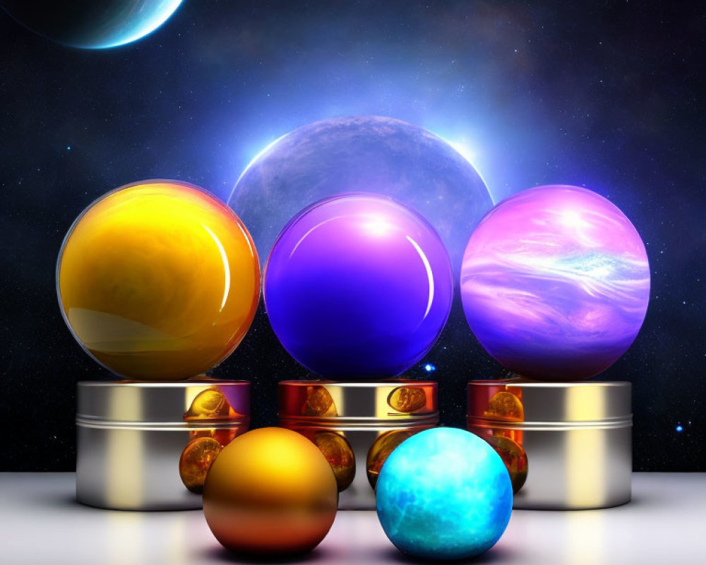 Glossy Spheres on Pedestals with Cosmic Backdrop and Celestial Elements