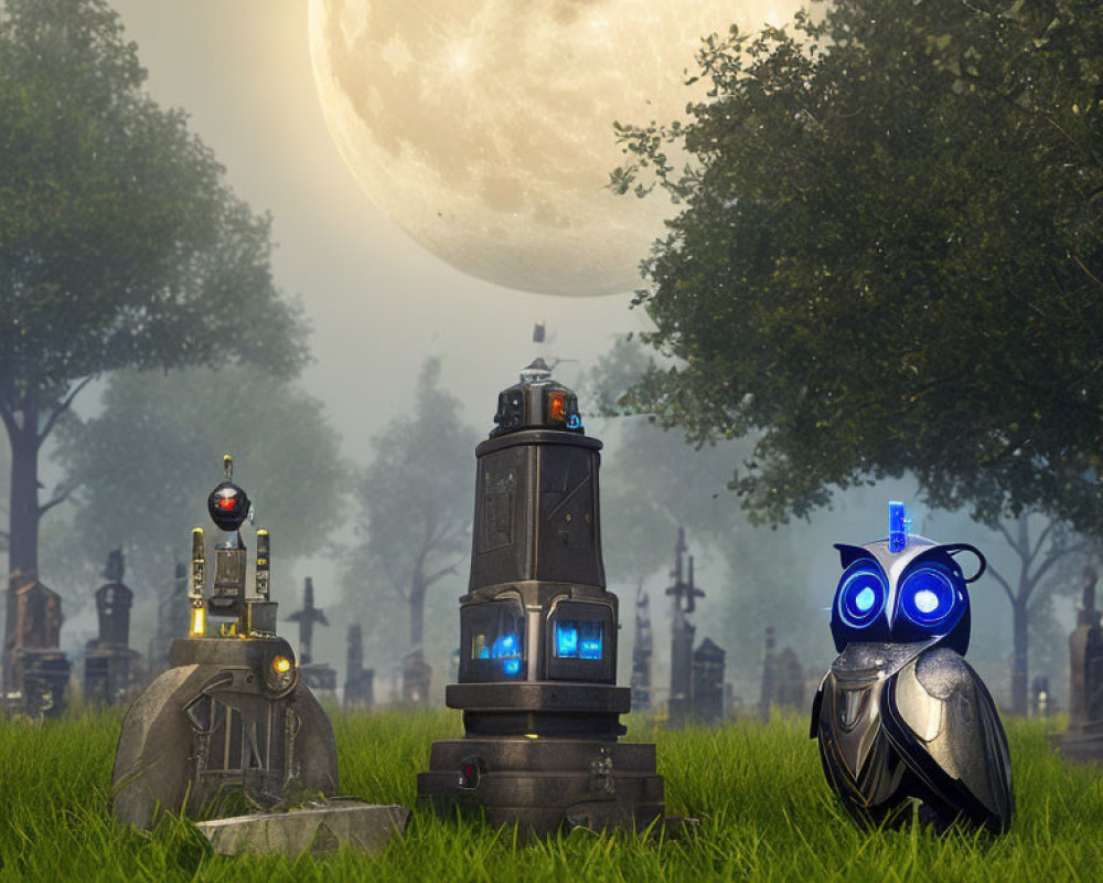 Futuristic robot family near gravestone in moonlit cemetery