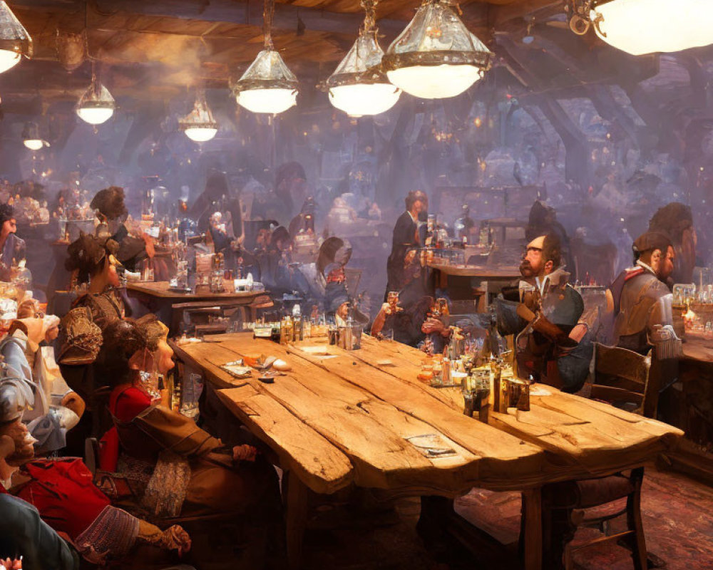 Tavern scene with patrons drinking and conversing under chandeliers