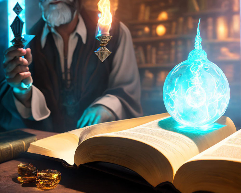 Elderly wizard casting spell in dimly lit study with glowing wand and magical tome.