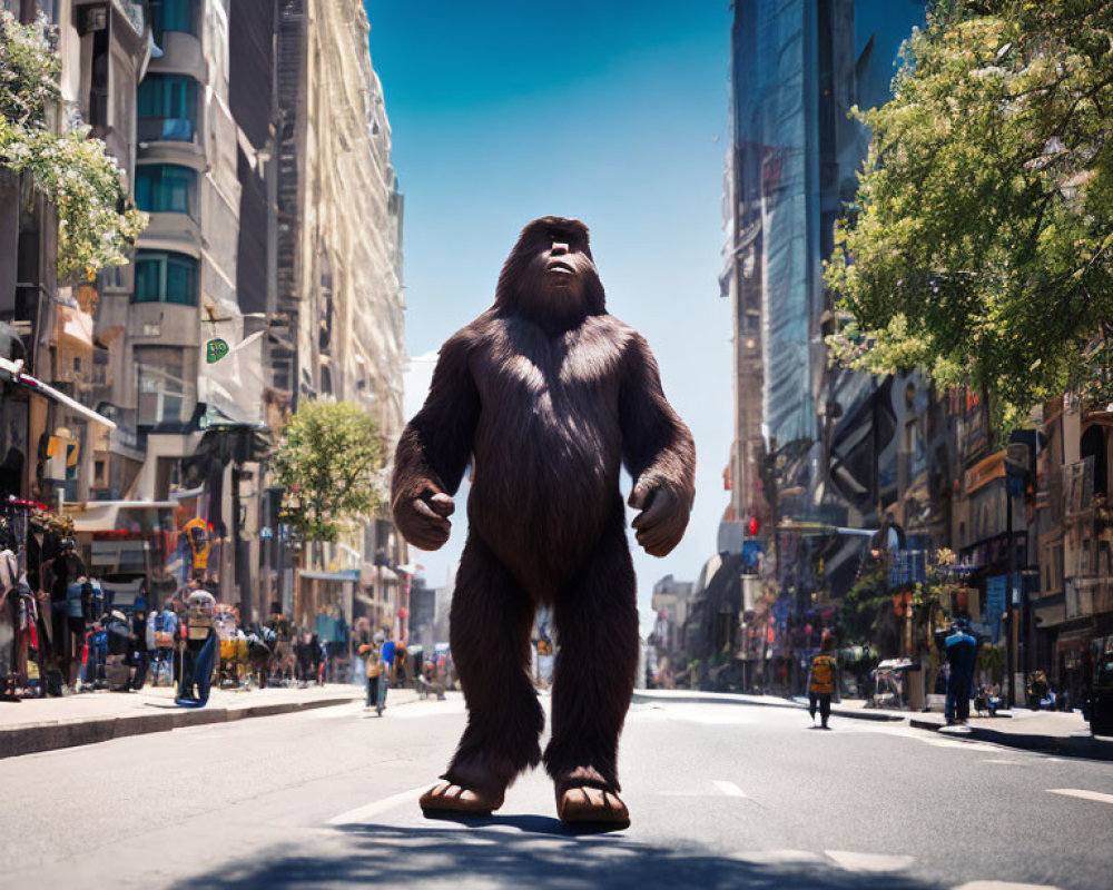 Massive gorilla in city street under clear blue sky