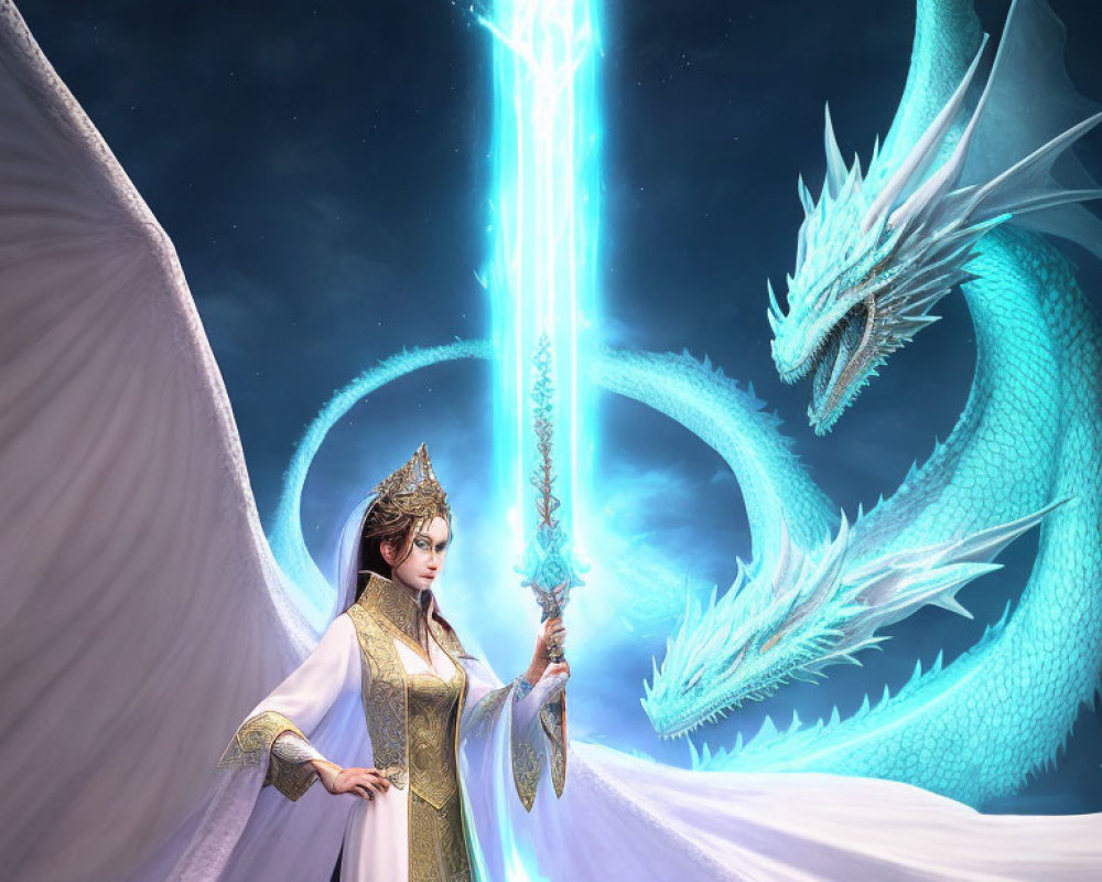 Regal figure with glowing staff and blue dragon in starry setting