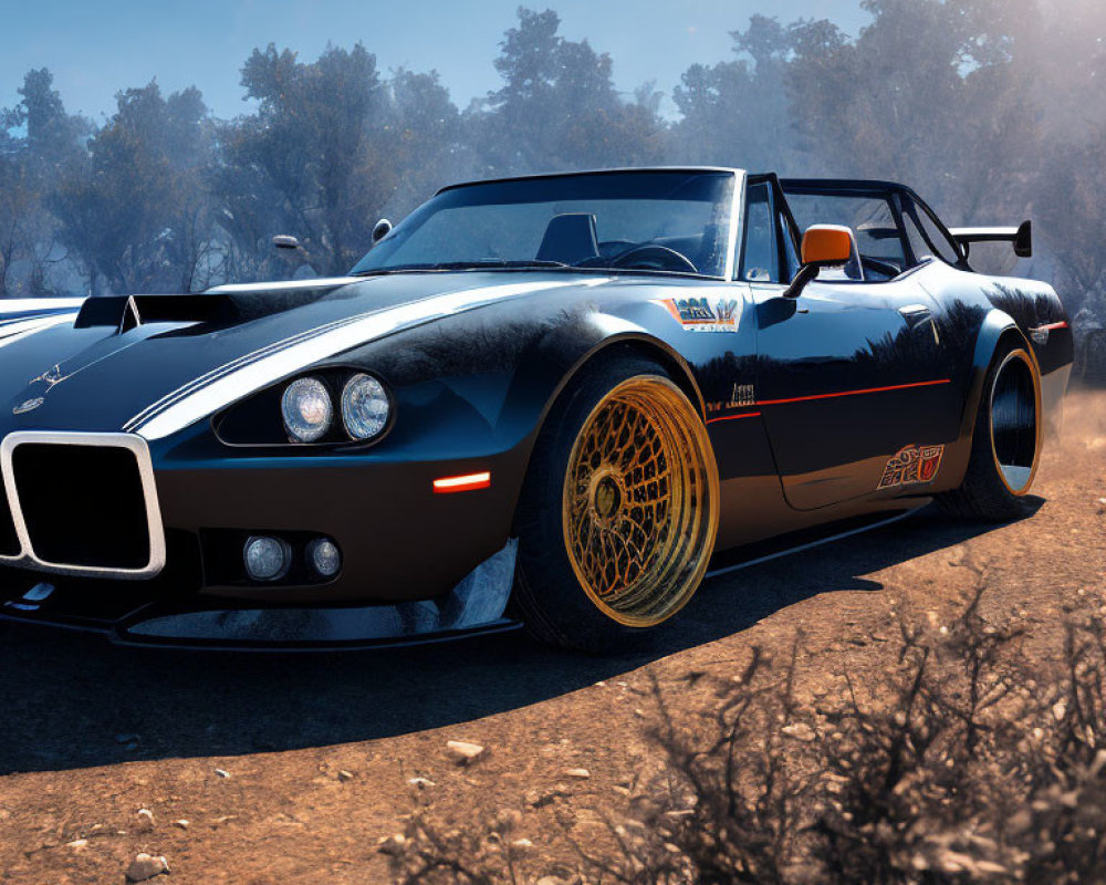 Classic Black Sports Car with Gold Rims on Dusty Road