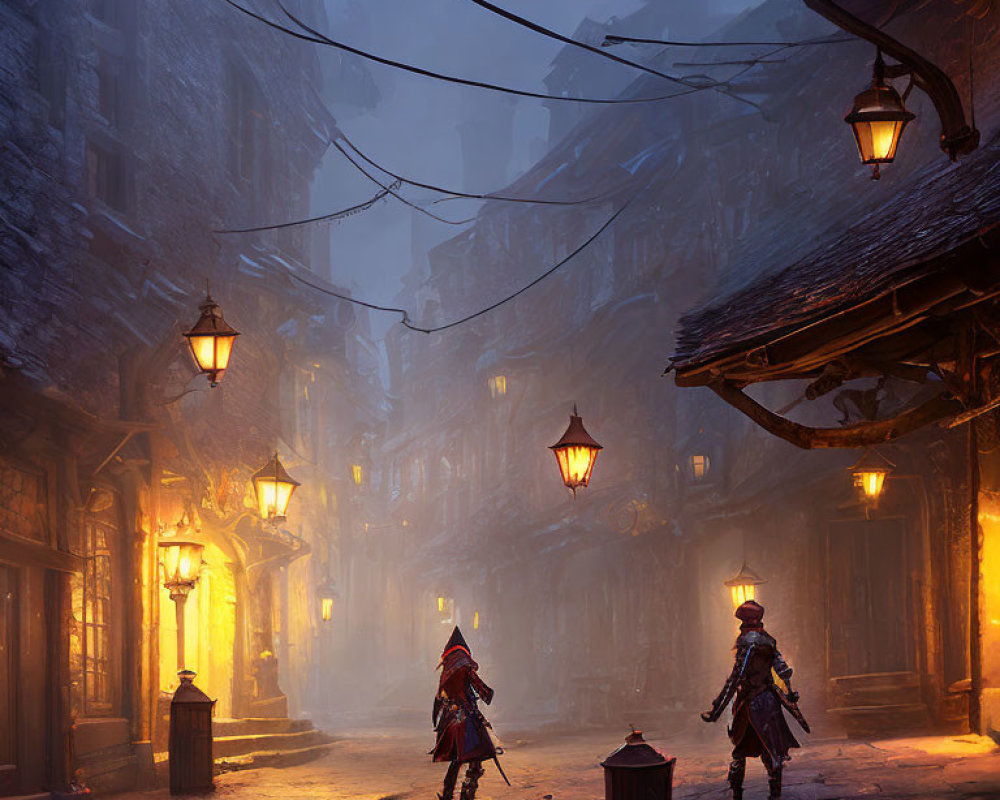 Historical figures in misty alley with glowing lanterns at twilight