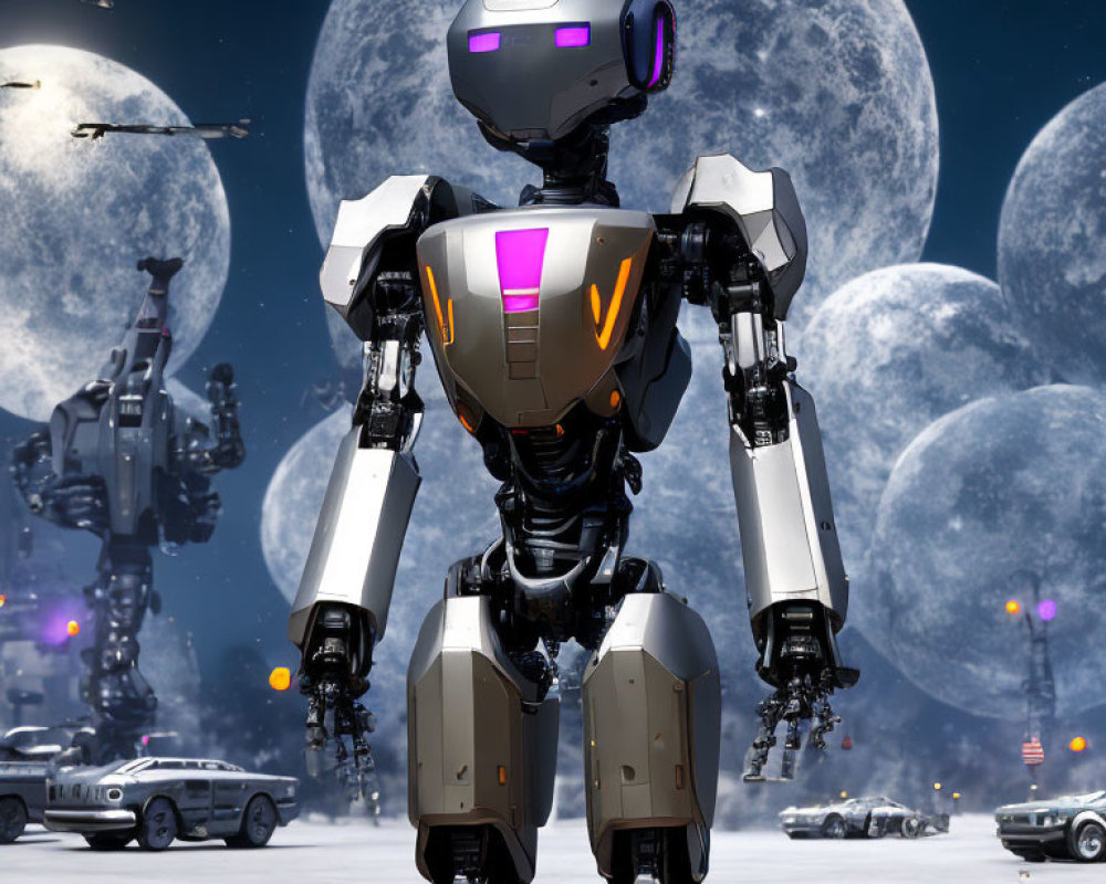 Sleek humanoid robot on surface with moons and spaceships in background