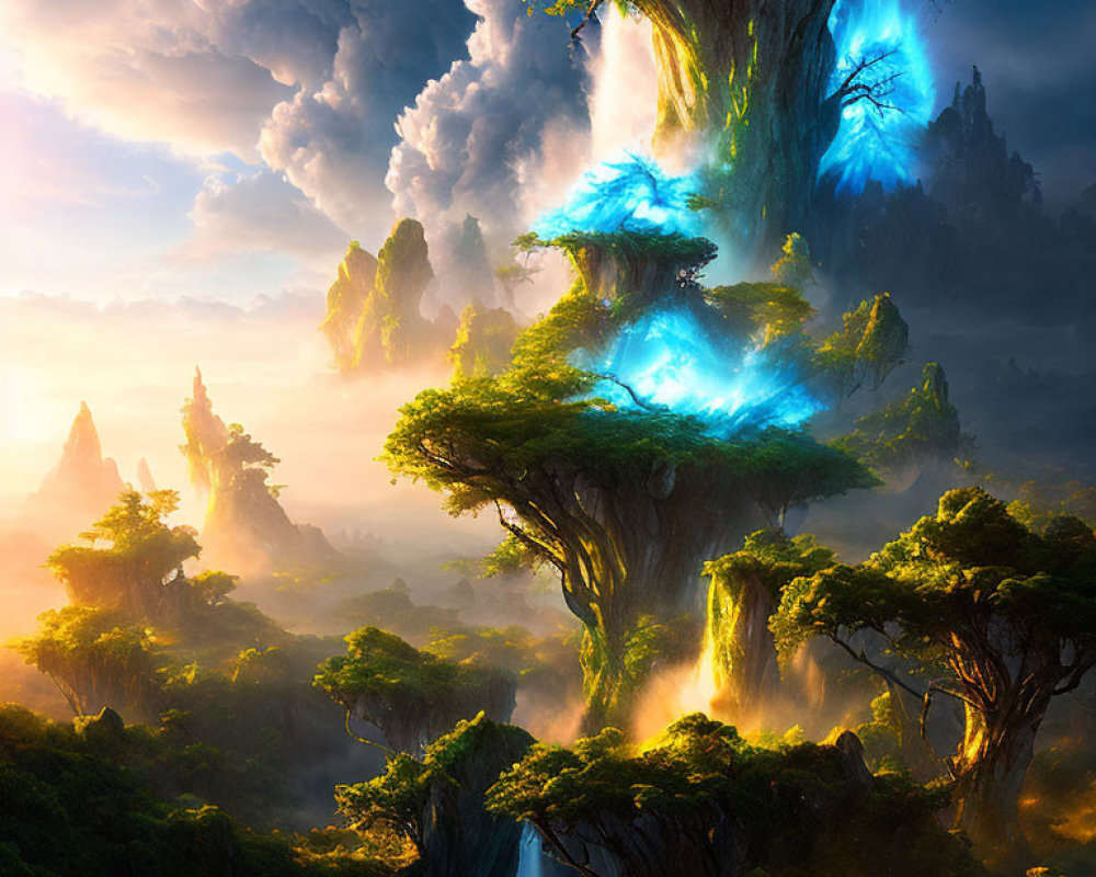 Majestic fantasy landscape with towering trees and waterfalls