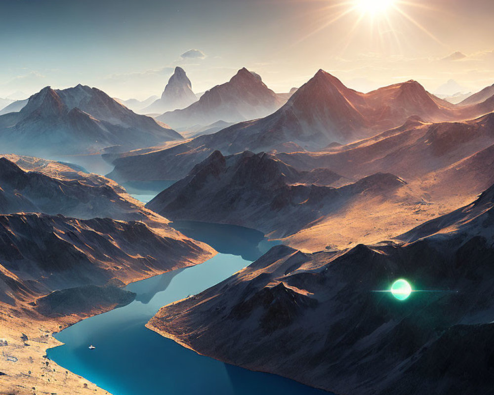 Alien landscape with towering mountains, winding river, bright sun, and green light