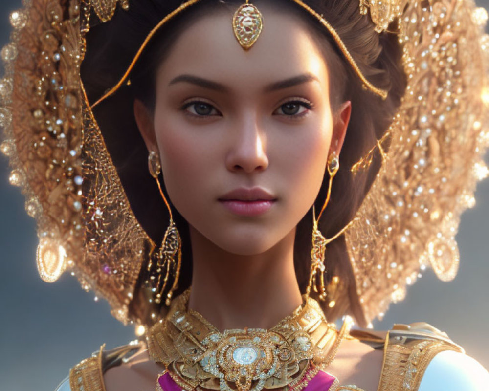 Elaborate Gold Jewelry on Woman Portrait with Regal Expression