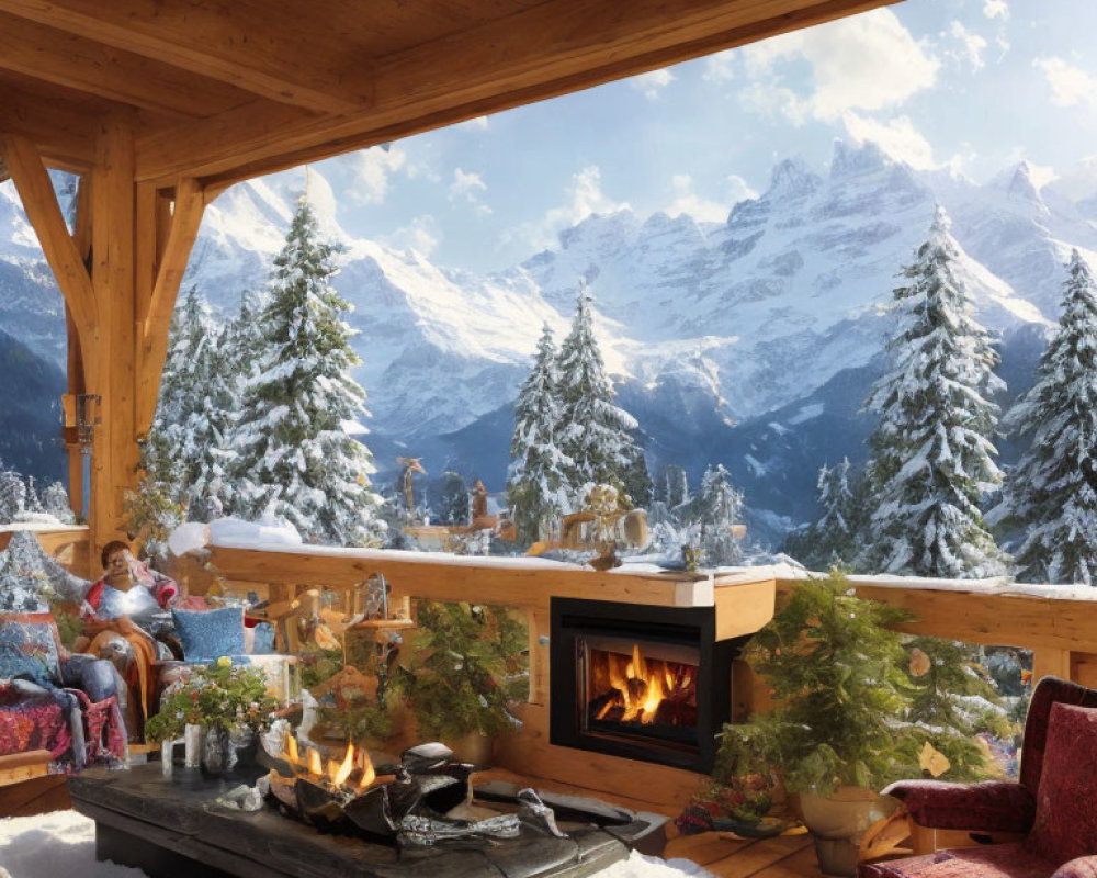 Warm Chalet Interior with Fireplace, Snowy Mountain View