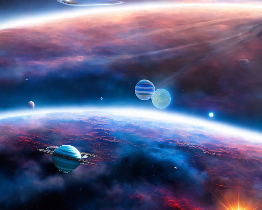 Colorful Space Scene with Planets, Moons, Star, and Spacecraft