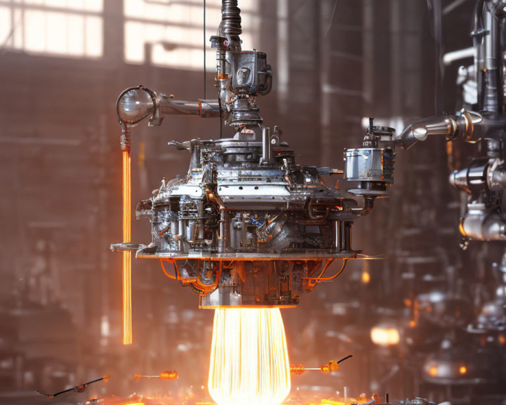 Robotic arms casting molten metal in industrial factory