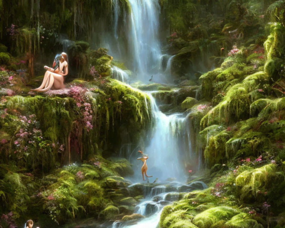 Tranquil forest waterfall with mossy rocks and figures in contemplation