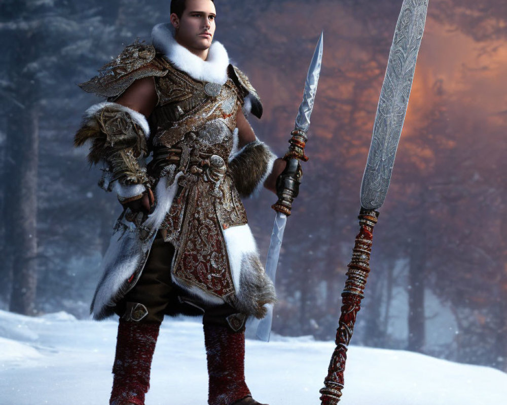 Warrior in Fur-Trimmed Armor with Spear in Snowy Forest at Dusk