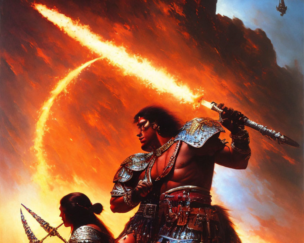 Two armored warriors in fantasy scene with fiery sky, comet, and airborne ship