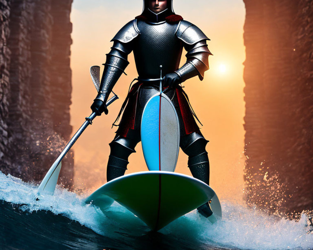 Knight in Full Armor Surfs with Stone Arches and Sunset