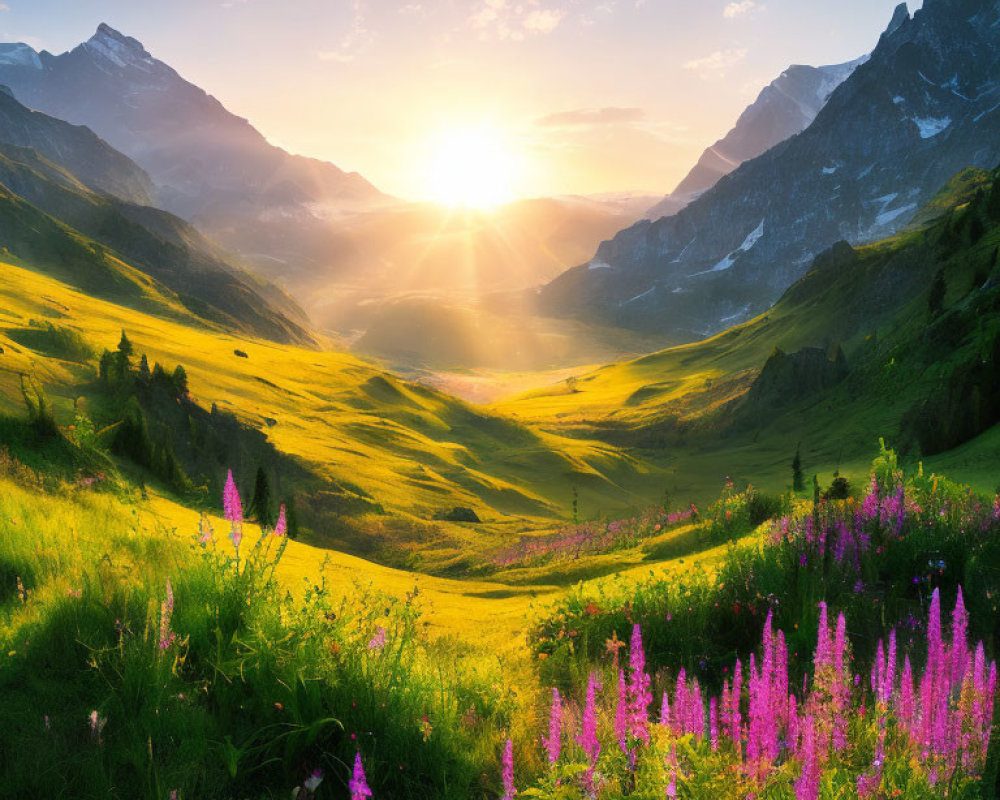 Scenic sunrise over blooming mountain valley with purple flowers