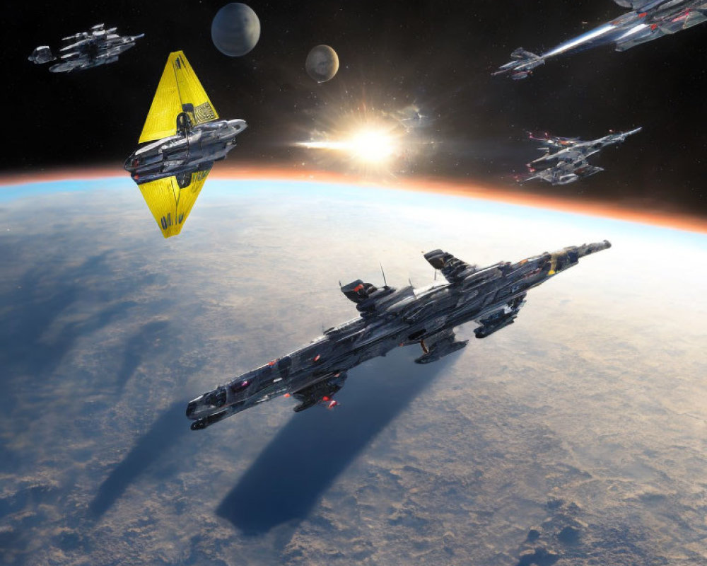 Futuristic spacecraft fleet orbiting planet with sun and other planets.